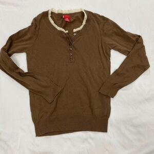 Levis Womens Brown Cotton Knit Lace Trim Henley Sweater Long Sleeve Medium